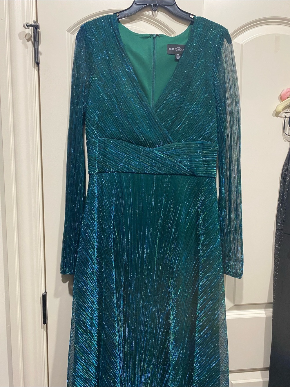Betsy & Adam Teal and Emerald Shimmer Long-Sleeve V-Neck Gown
